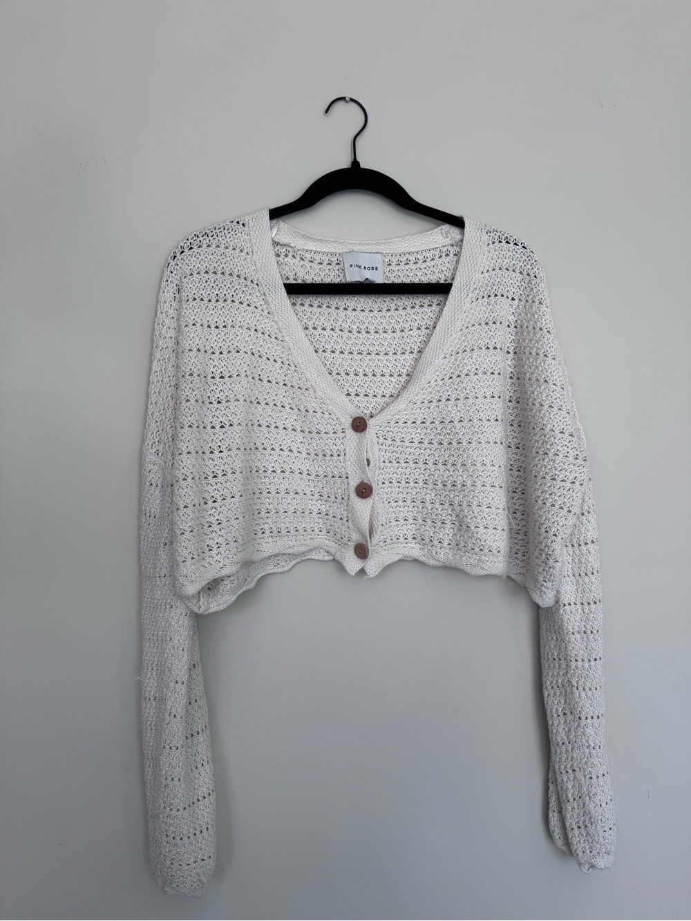Pink Rose White Cropped Open-Knit Button Cardigan